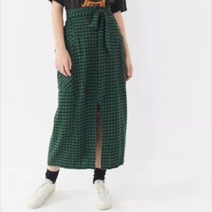 Urban Outfitters "Dorothy" green flannel tie-front midi skirt